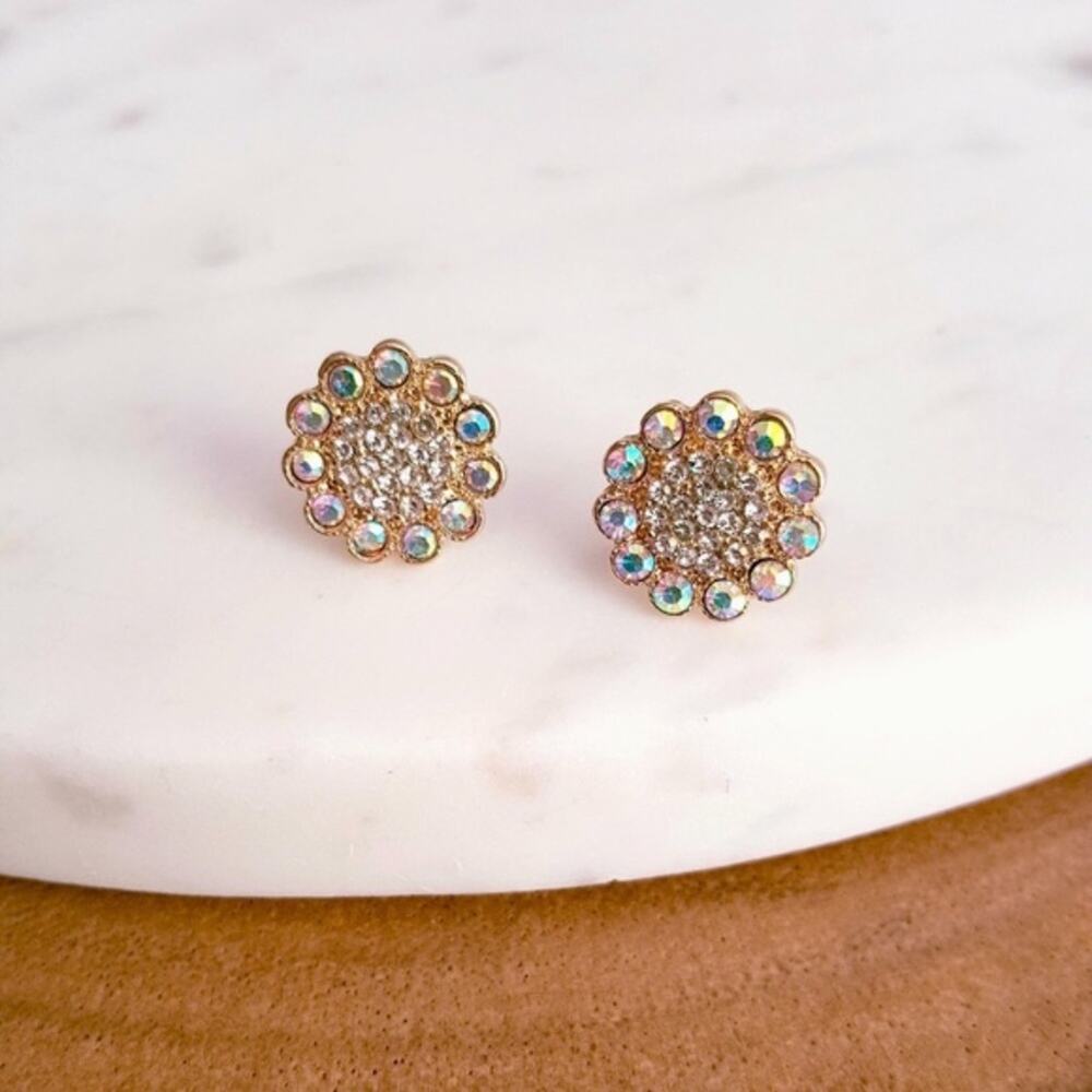 Rose Gold Iridescent Crystals Flower Stud Earrings